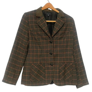 Vtg 90s Y2K Chadwicks Sz 10 Tweed Blazer Suede Elbow Patches Brown Plaid Preppy